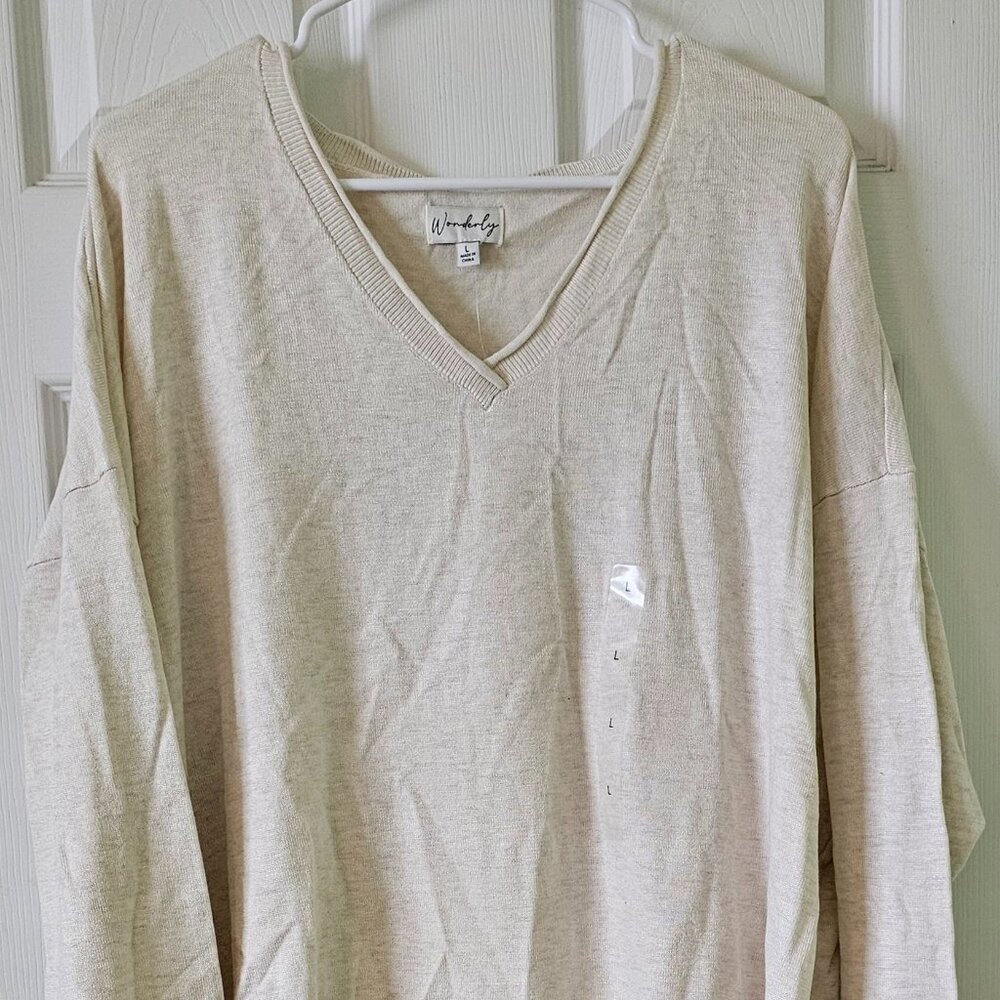 Wonderly Core Vneck Sweater, Beige, Women's Size L